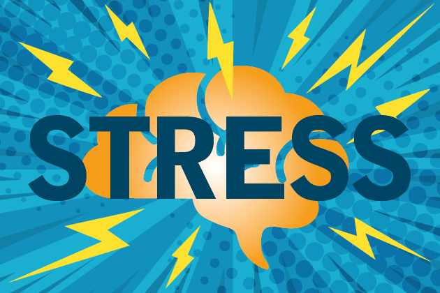 illustration af en orange hjerne - hen over den er skrevet "STRESS" og små lyn skyder ud