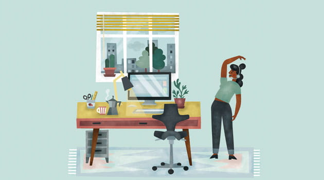 Tegning med kvinde, der laver gymnastik ved sin arbejdsplads i hjemmet.