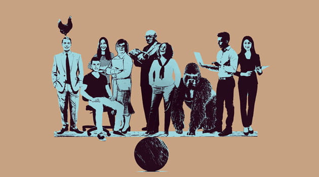 Illustration af kvinder og mænd på arbejdspladsen