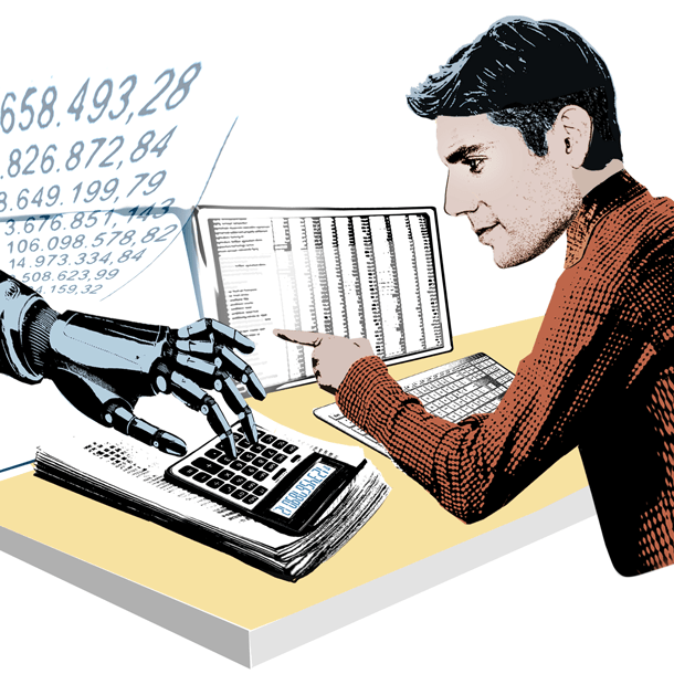 Mand ved computer, der får hjælp af AI